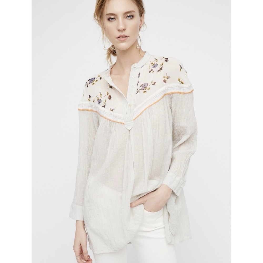 Free People Hearts And Colors Sheer Cotton Tunic Blouse Wm Sz Small Boho Floral